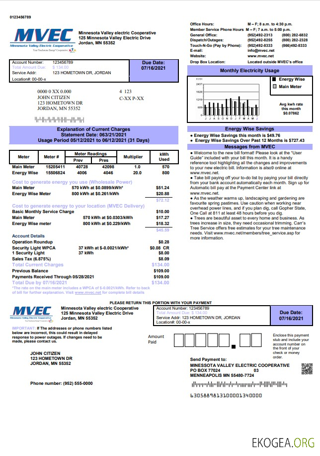 USA Minnesota Valley Electric Cooperative (MVEC) utility bill template in Word and PDF format